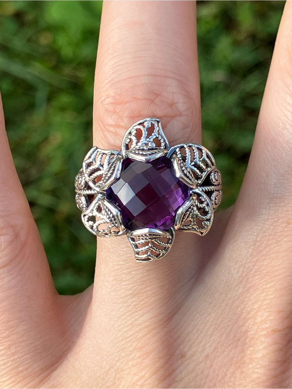African Amethyst Sterling Silver Cocktail Ring Size 7